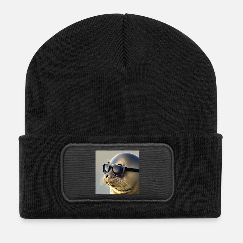 Seehund mit Sonnenbrille - Recycelte Patch Beanie - Schwarz