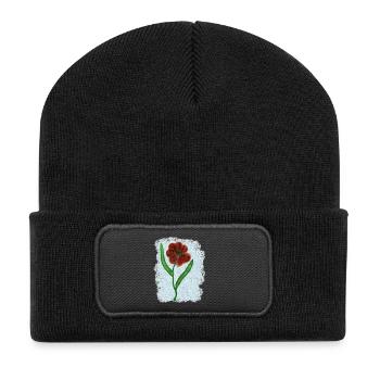 Fleur rouge rouille avec des feuilles vertes - Beanie recyclé à patch - noir - Devant