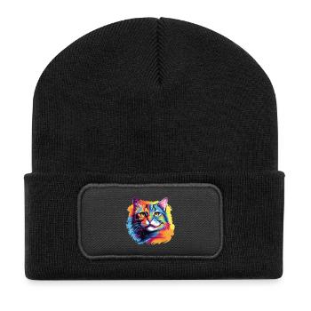 Pop Art Cat – Bunte Katze im Farbrausch - Recycelte Patch Beanie - Schwarz - Vorne