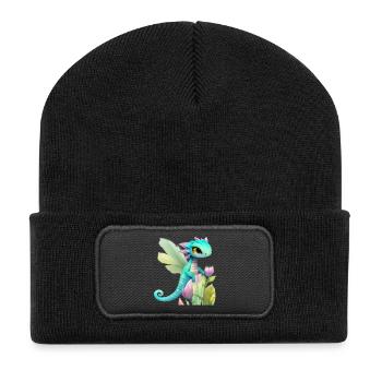 Kawaii-Drachenkarikatur auf rosa Blume - Recycelte Patch Beanie - Schwarz - Vorne