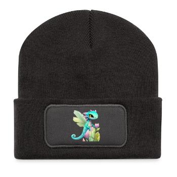 Kawaii-Drachenkarikatur auf rosa Blume - Recycelte Patch Beanie - Dunkelgrau - Vorne