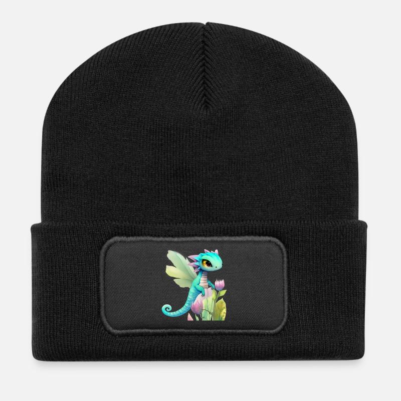 Kawaii-Drachenkarikatur auf rosa Blume - Recycelte Patch Beanie - Schwarz