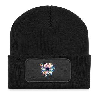 Hippie Traumfänger mit Federschmuck und Libelle - Recycelte Patch Beanie - Schwarz - Vorne