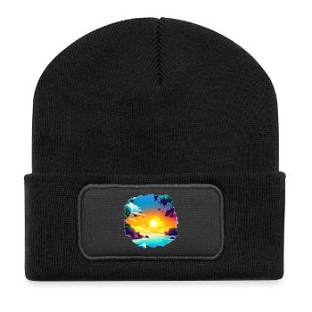 Summer Sunset Beach Watercolor - Recycled Patch Beanie - black - Front