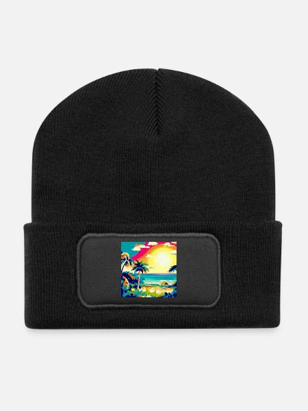 City Pop Sonnenuntergang - Recycelte Patch Beanie - Schwarz