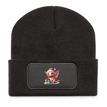 Weihnachtsdrache mit Geschenk - Recycelte Patch Beanie - Dunkelgrau - Vorne