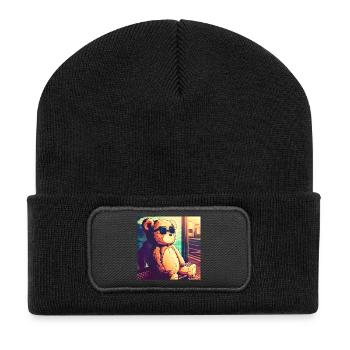 Teddy on Bus - Recycelte Patch Beanie - Schwarz - Vorne