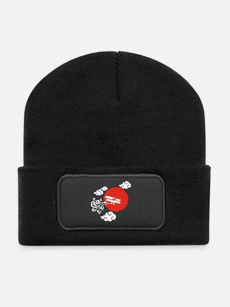 White Airplane and Red Sun - Recycled Patch Beanie - black