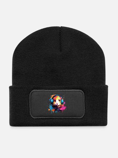 Hamster mit Kopfhörer Goldhamster Zwerghamster - Recycelte Patch Beanie - Schwarz
