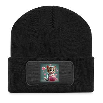 Mignon bébé chat de style dessin animé avec des bulles roses - Beanie recyclé à patch - noir - Devant