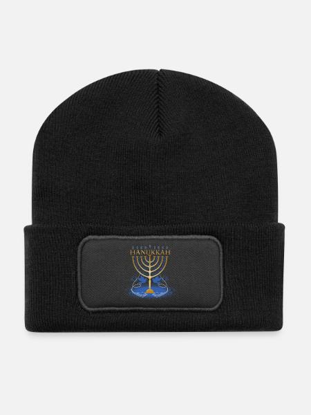 gold-colored Hanukkah candlestick with two doves - Recycled Patch Beanie - black