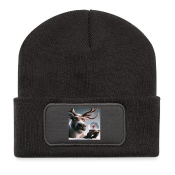 Renne avec le Père Noël dans une boule à neige - Beanie recyclé à patch - charbon - Devant