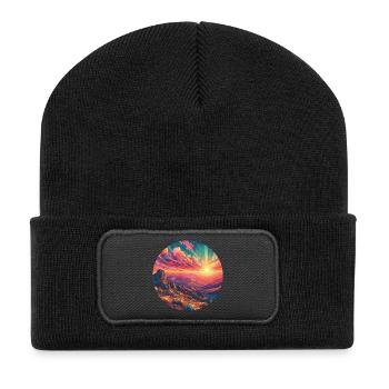 Landschaft farbenfroh Sonnenuntergang Berge Comic - Recycelte Patch Beanie - Schwarz - Vorne