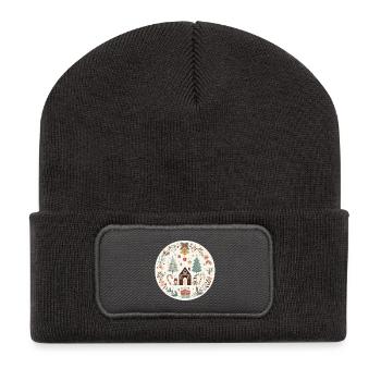 Weihnachtliche Illustration mit Haus und Tannen - Recycelte Patch Beanie - Dunkelgrau - Vorne
