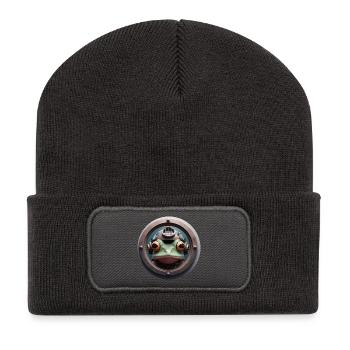 Frosch mit Taucherhelm schaut durch Bullauge - Recycelte Patch Beanie - Dunkelgrau - Vorne