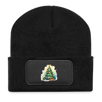 Watercolor Christmas Tree with Gifts - Recycled Patch Beanie - black - Front