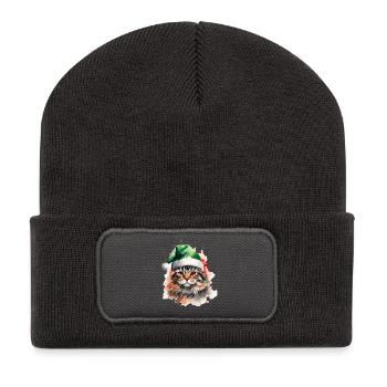 Aquarelle chat avec chapeau de père Noël vert - Beanie recyclé à patch - charbon - Devant