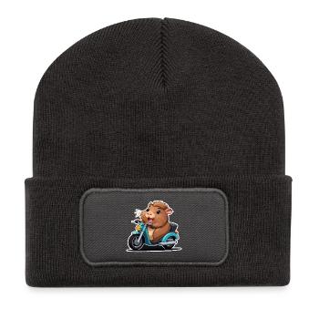 Meerschweinchen auf Mofa - Recycelte Patch Beanie - Dunkelgrau - Vorne