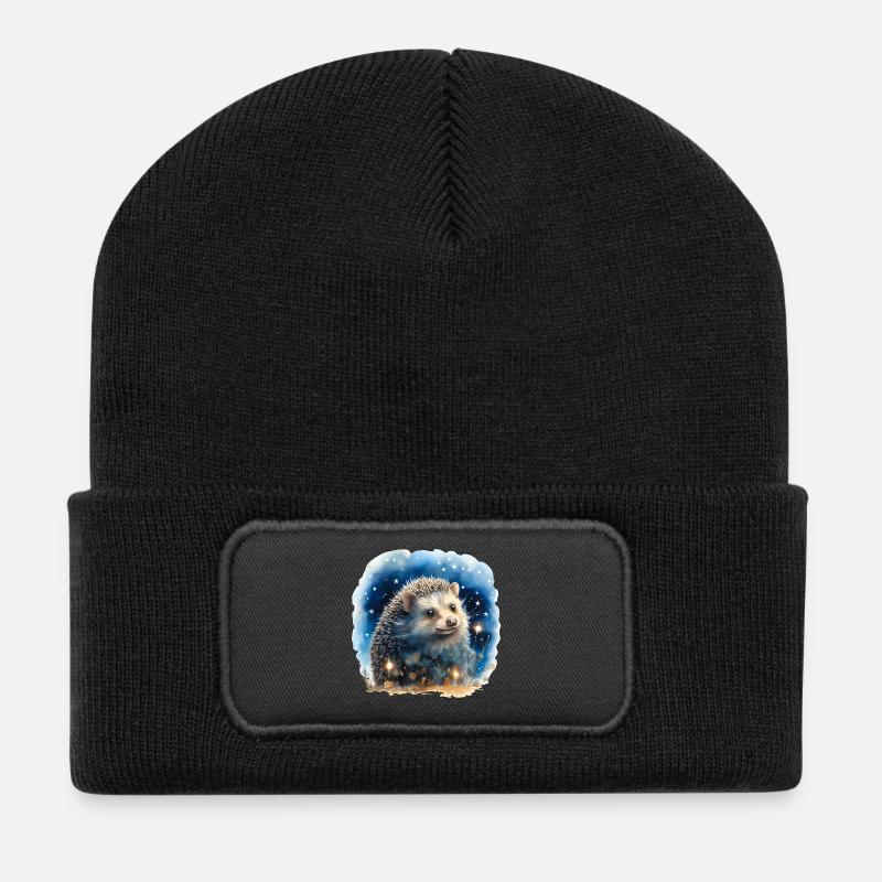 Watercolor hedgehog with starry sky - Recycled Patch Beanie - black