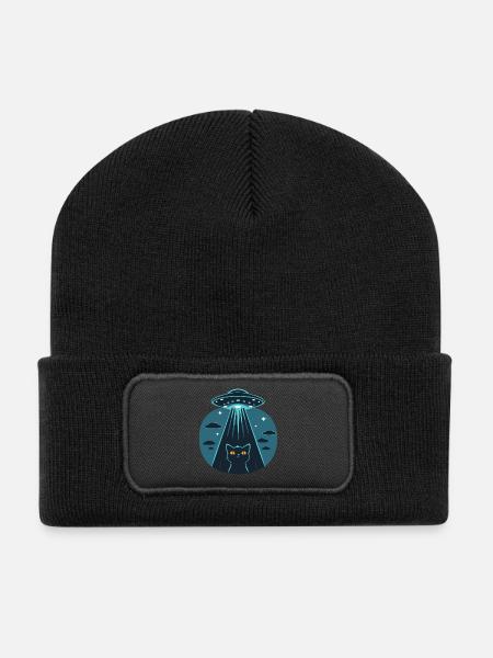 Witziges Ufo, Alien, Katze - Recycelte Patch Beanie - Schwarz