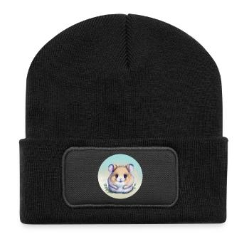 Niedlicher pastellfarbener Aquarellhamster - Recycelte Patch Beanie - Schwarz - Vorne
