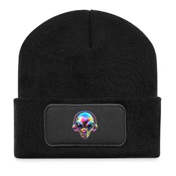 Chromatischer Alien-Kopf mit Kopfhörern - Recycelte Patch Beanie - Schwarz - Vorne