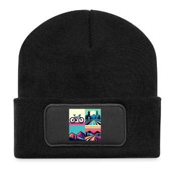 Retro Pop Cycle & Mountain Sunset - Recycelte Patch Beanie - Schwarz - Vorne