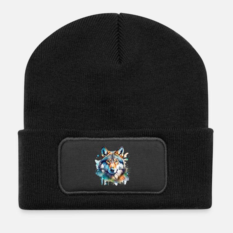 Aquarell Wolf Portrait - Recycelte Patch Beanie - Schwarz