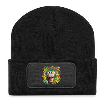 Portrait/Head of Colorful Rasta Monkey Burst with Laughter - Recycled Patch Beanie - black - Front