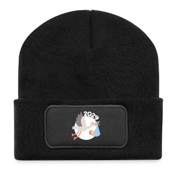 Storch mit Baby 2029 - Recycelte Patch Beanie - Schwarz - Vorne