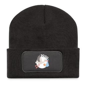 Storch mit Baby 2030 - Recycelte Patch Beanie - Dunkelgrau - Vorne
