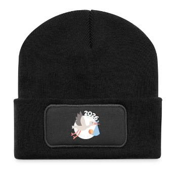 Storch mit Baby 2026 - Recycelte Patch Beanie - Schwarz - Vorne