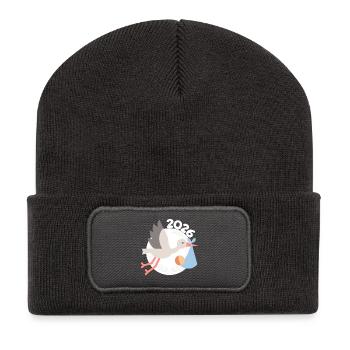 Storch mit Baby 2026 - Recycelte Patch Beanie - Dunkelgrau - Vorne