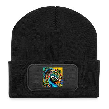 Pfau Pop Art - Recycelte Patch Beanie - Schwarz - Vorne