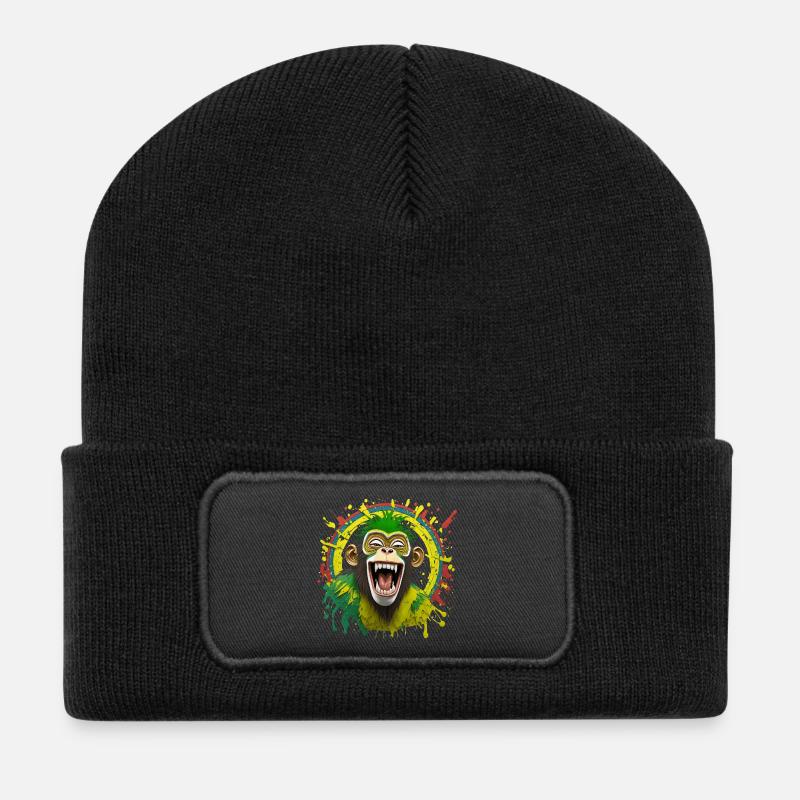 Porträt/Kopf eines Rasta-Affen, der in Gelächter ausbricht - Recycelte Patch Beanie - Schwarz