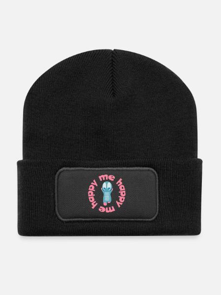 Verspielte Figur  mit Textmotto happy me - Recycelte Patch Beanie - Schwarz