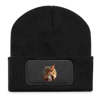 Illustration de Chat avec sa tasse de café - Beanie recyclé à patch - noir - Devant