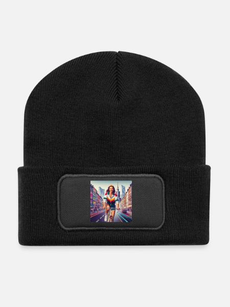 Warsaw Cycling Retro Girl Iconic style of the 80s - Recycled Patch Beanie - black