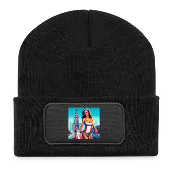 Warschau - Retro-Mädchen, das im klassischen Stil der 80er Jahre Rad fährt - Recycelte Patch Beanie - Schwarz - Vorne