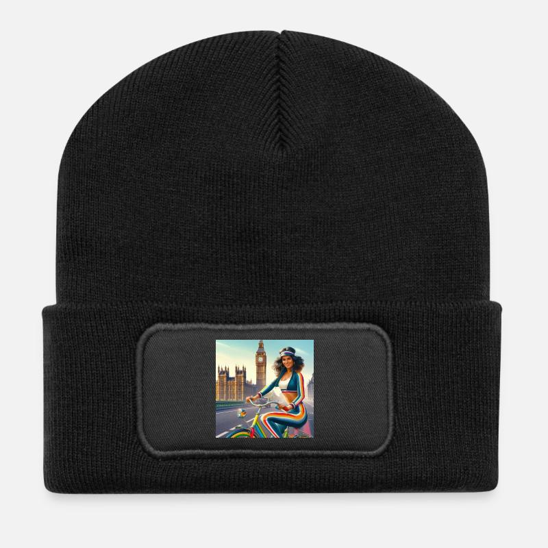 Retro Girl on a Bicycle par Big Ben à Londres - Beanie recyclé à patch - noir