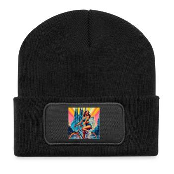 Heilige Familie Vintage Mädchen auf Fahrrad - Recycelte Patch Beanie - Schwarz - Vorne