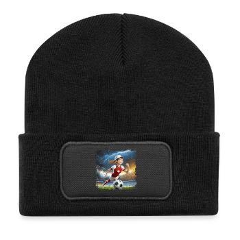 Stade de personnage de dessin animé de footballeuse avec des éclairs - Beanie recyclé à patch - noir - Devant