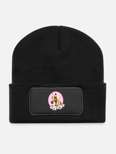 Romantisches braunes Pferd - Blüten rosa - Recycelte Patch Beanie - Schwarz