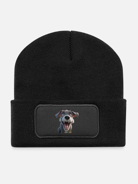 Excited Cartoon Pup - Recycled Patch Beanie - black