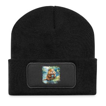 Cute young beaver with mobile phone - Recycled Patch Beanie - black - Front