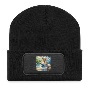 Cute young chinchilla using mobile phone - Recycled Patch Beanie - black - Front