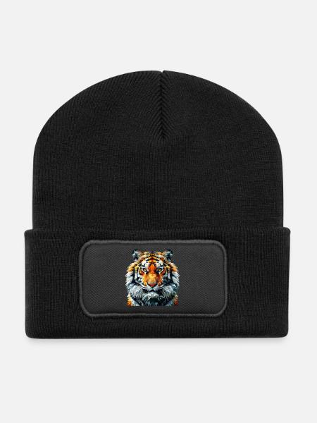 Geometric Lion Head Art Print - Recycled Patch Beanie - black