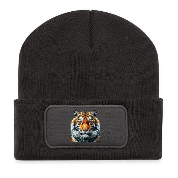 Geometric Lion Head Art Print - Recycled Patch Beanie - dark grey - Front