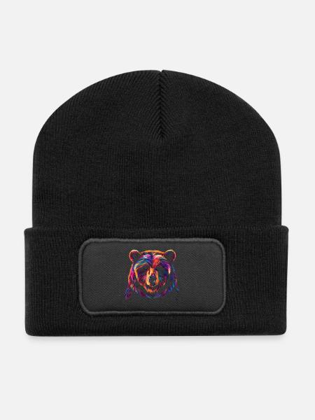 Colorful Bear Illustration - Recycled Patch Beanie - black