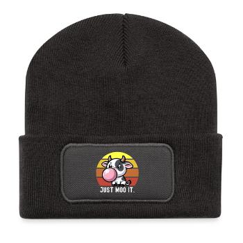 Süße Kuh Kaugummi Spruch "Just Moo It." Kawaii - Recycelte Patch Beanie - Dunkelgrau - Vorne